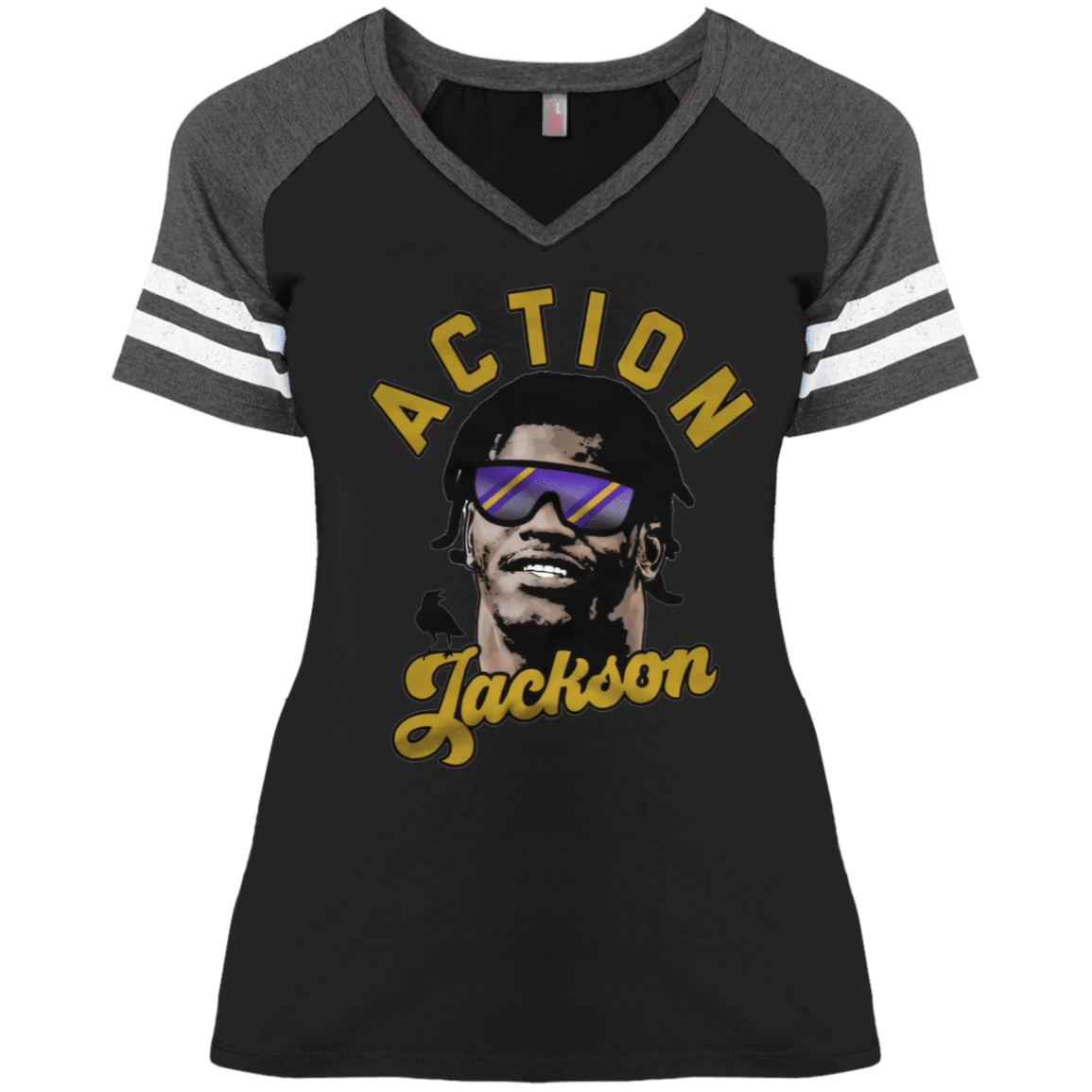 Lamar Jackson Action Jackson Baltimore Ravens Inspired Ladies’ V-Neck