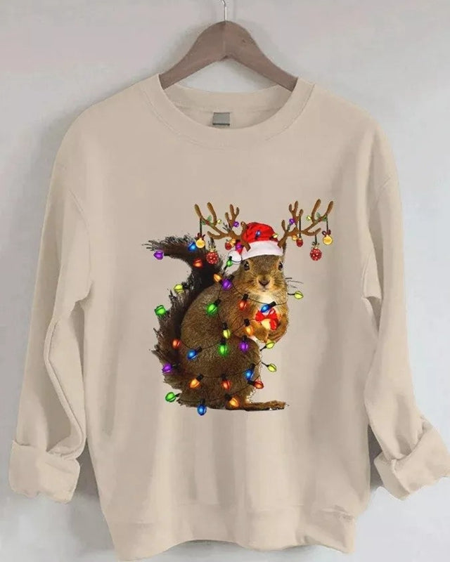 Christmas Squirrel Lights Print Casual Sweatshirt