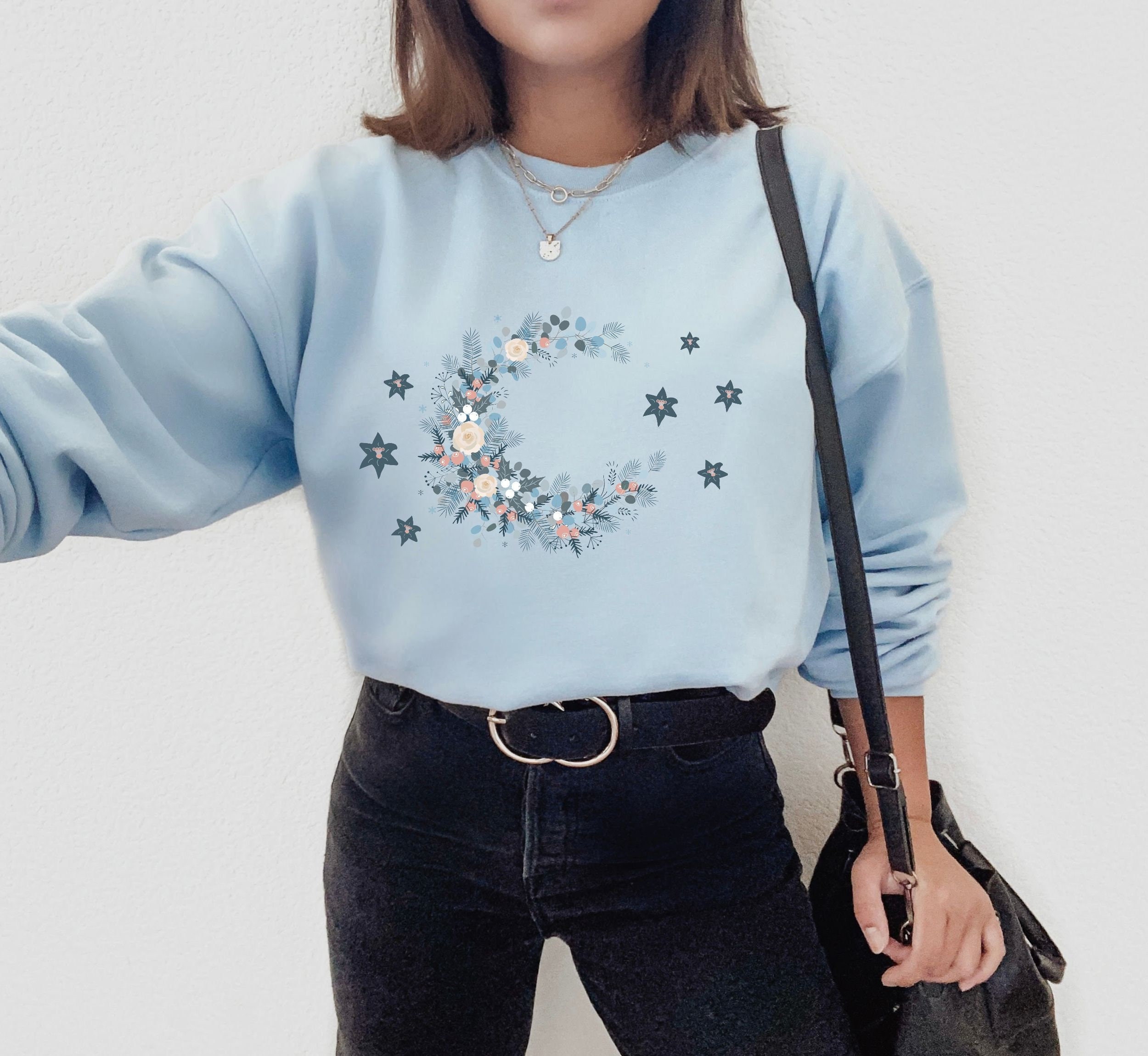 Celestial Sweatshirt, Botanical Crewneck, Aesthetic Sweatshirt, Light Blue Crewneck, Moon & Stars Shirt, Moon and Stars Sweatshirt, Crewneck