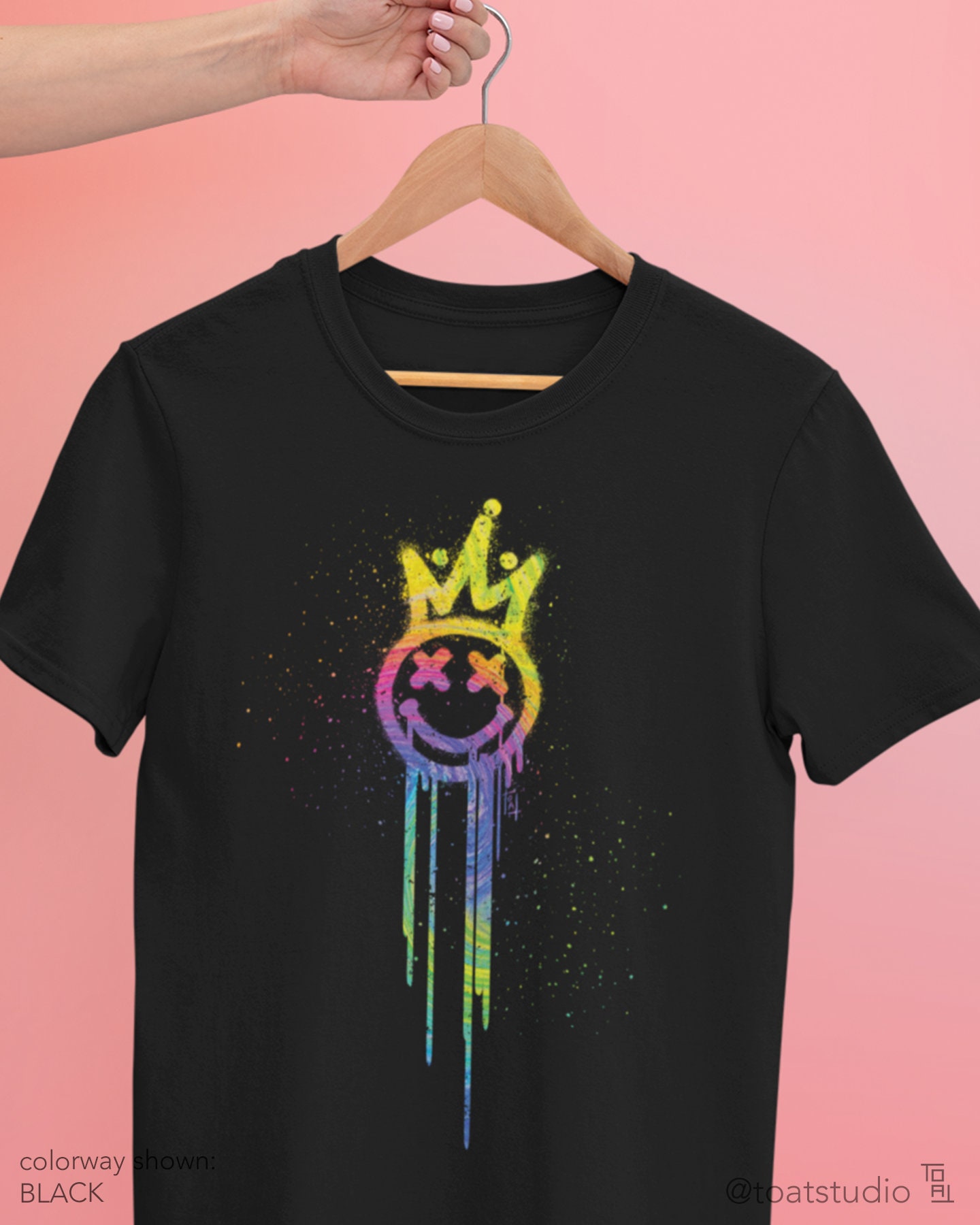 Smiley Face King II Unisex T-shirt, Graffiti Spray Paint, Dripping Rainbow, King Queen shirt, King Crown, Good Vibes Happy Face shirt