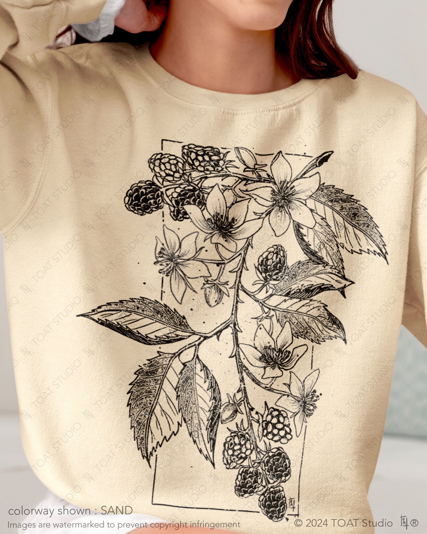 Blackberries Drawing Unisex Crewneck Sweatshirt, Black Currant Flower Art, Raspberry Botanical Art, Berry Fruits, Farmcore Aesthetic