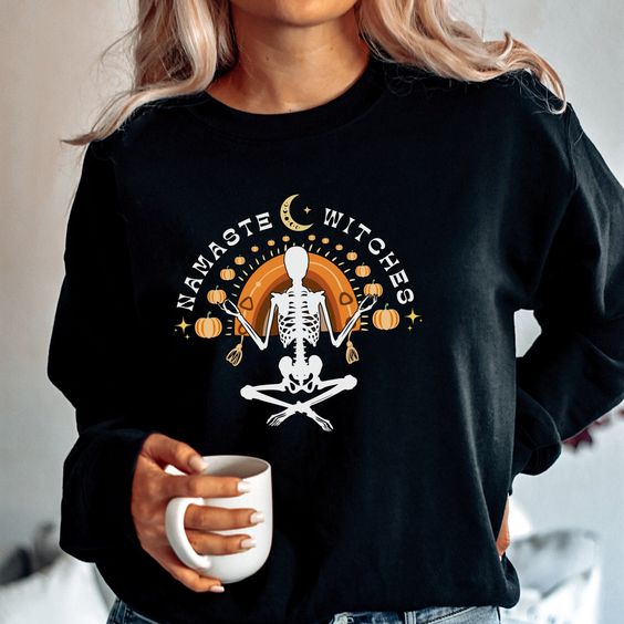 Halloween Crewneck Yoga Skeleton Hoodie, Pumpkin Skeleton Sweatshirt, Skeleton Long Sleeve Shirt, Fall Apparel Witch Sweatshirt