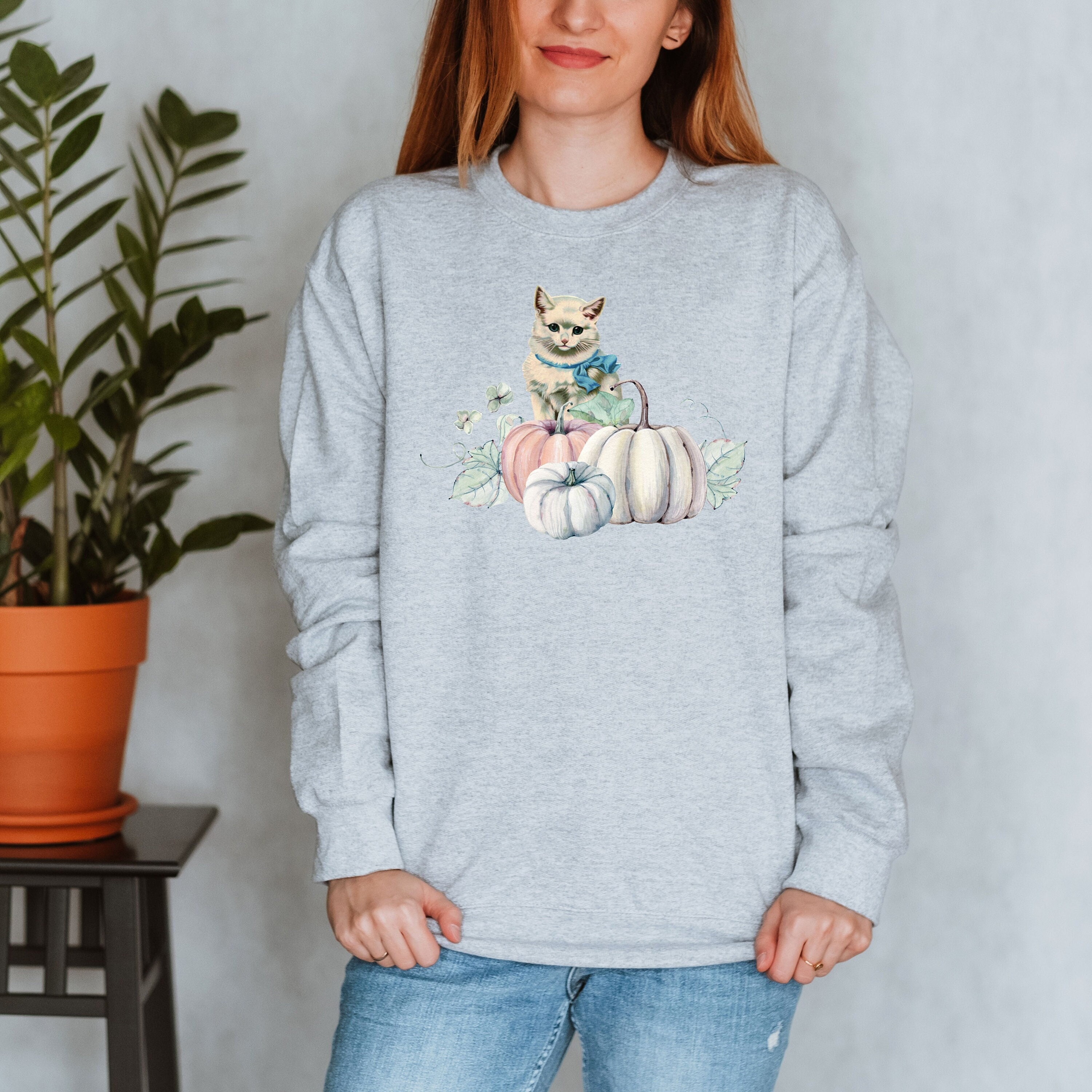 Vintage Cat Pumpkin Sweatshirt – Vintage Fall Cat Sweatshirt – Autumn Cat Pullover – 90s Cat Pullover Sweatshirt – Cat Lover Gift for Her