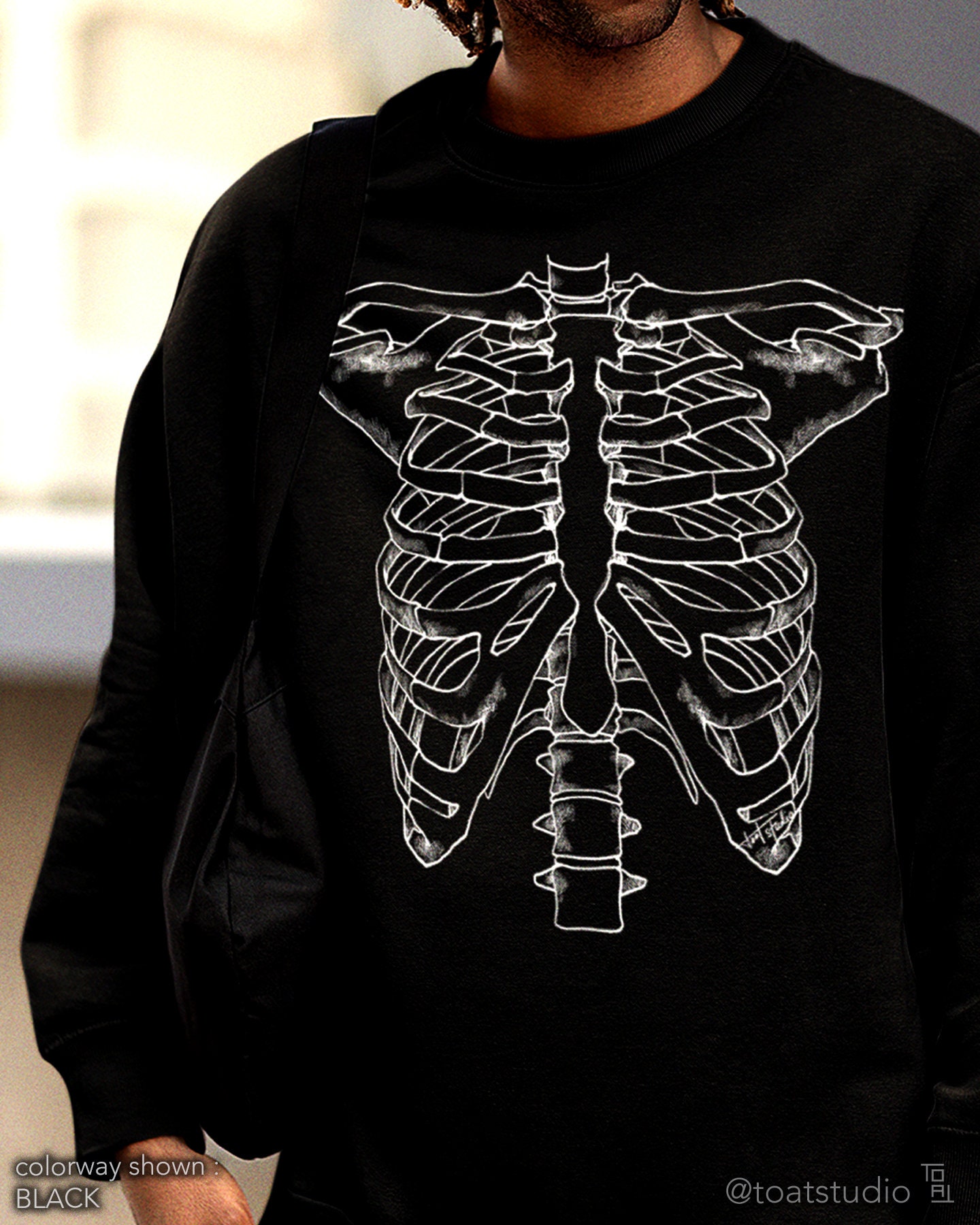 Ribcage Unisex Crewneck Sweatshirt, Y2K Grunge Dark Gothic Skeleton, Anatomical Artwork, Skeleton Torso Vertebrae, Vintage Halloween Sweater