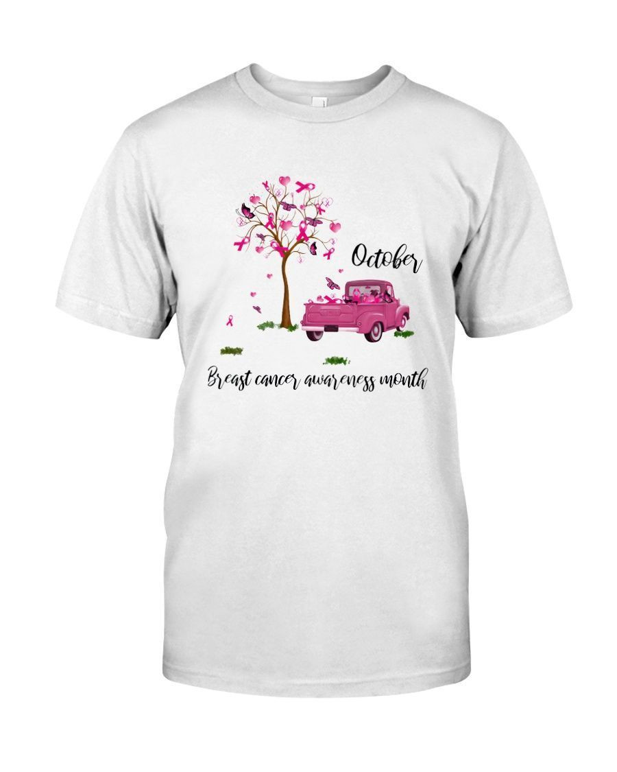 October Breast Cancer Awareness Month Pink Ribbon Heart Truck Women Shirts