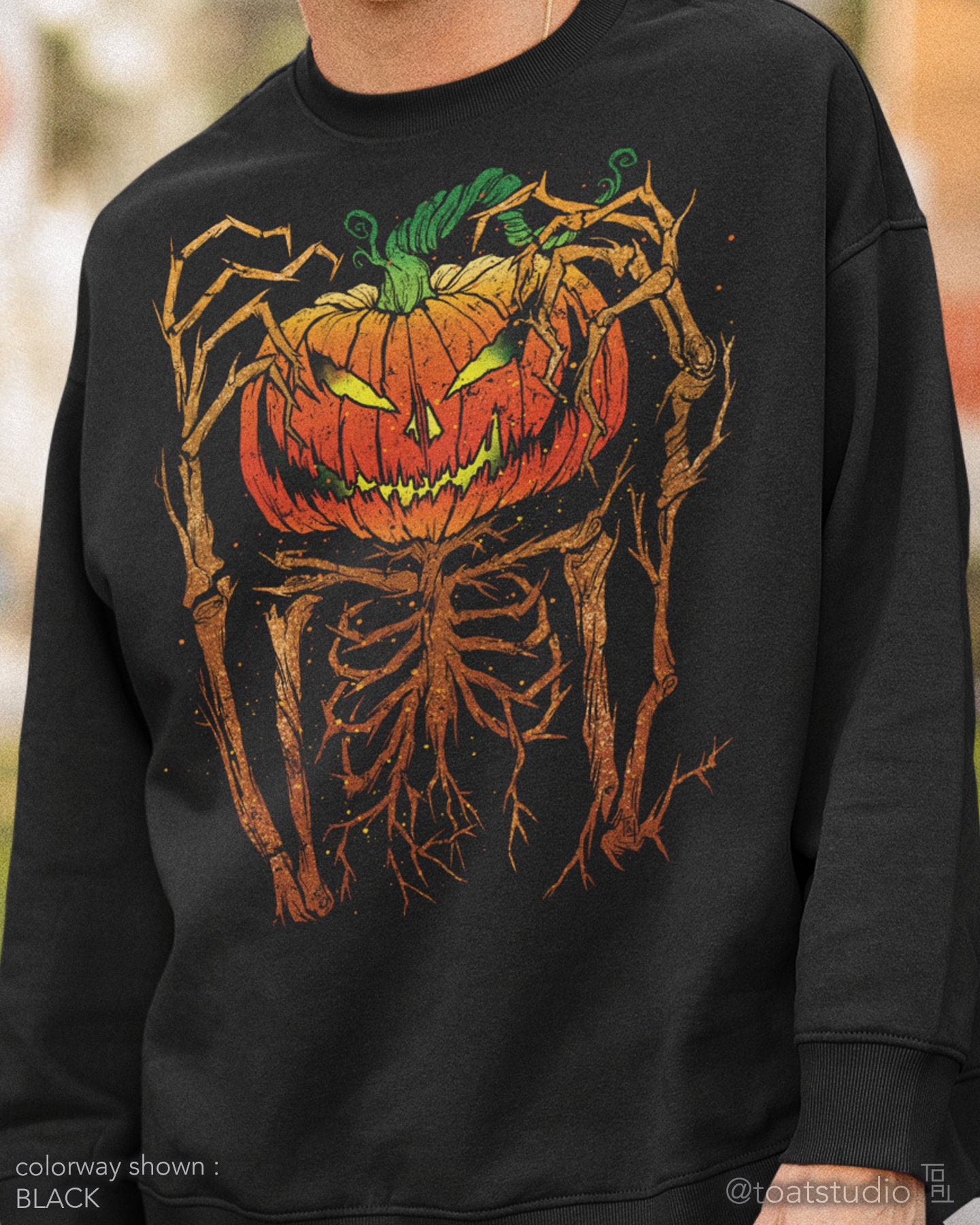 Pumpkin Scarecrow Unisex Crewneck Sweatshirt, Pumpkin Skeleton, Pumpkin Tree Monster Groot, Spooky Flora, Creepy Halloween Lantern Sweater