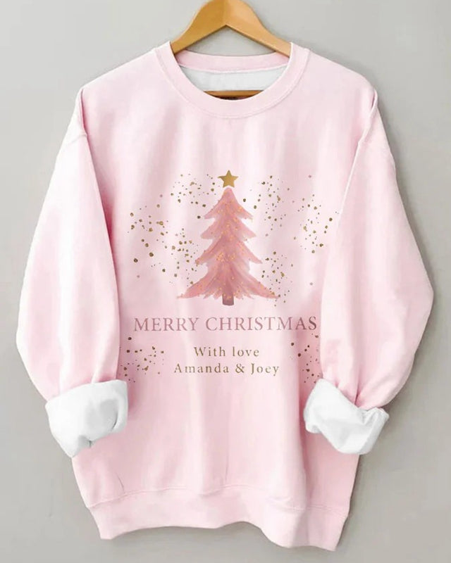 Women’S Merry Christmas Pink Christmas Tree Print Casual Sweatshirt