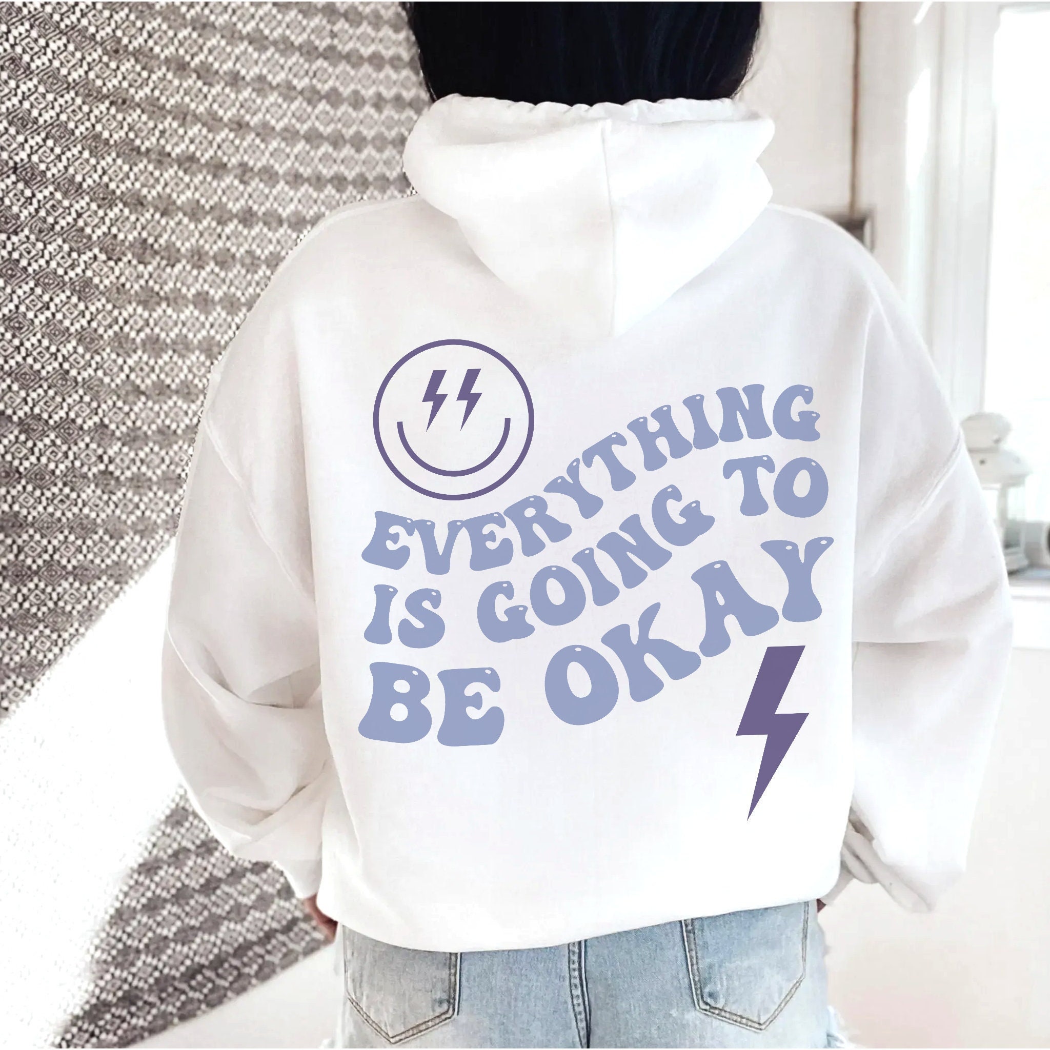 Everything is Going to Be Ok Hoodie Lightning Bolt Smiley Hoodie Preppy Sweatshirt Trendy Hoodies VSCO Hoodie Tumblr Hoodie Oversized Hoodie