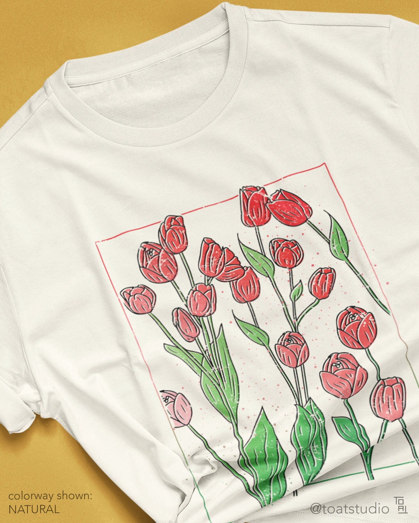 Tulips Unisex T-shirt, Red Tulip Fields, Spring Flower Fields, Floral Drawing, Tulip Flower Bouquet, Cottagecore, Botanical Garden Lover Tee