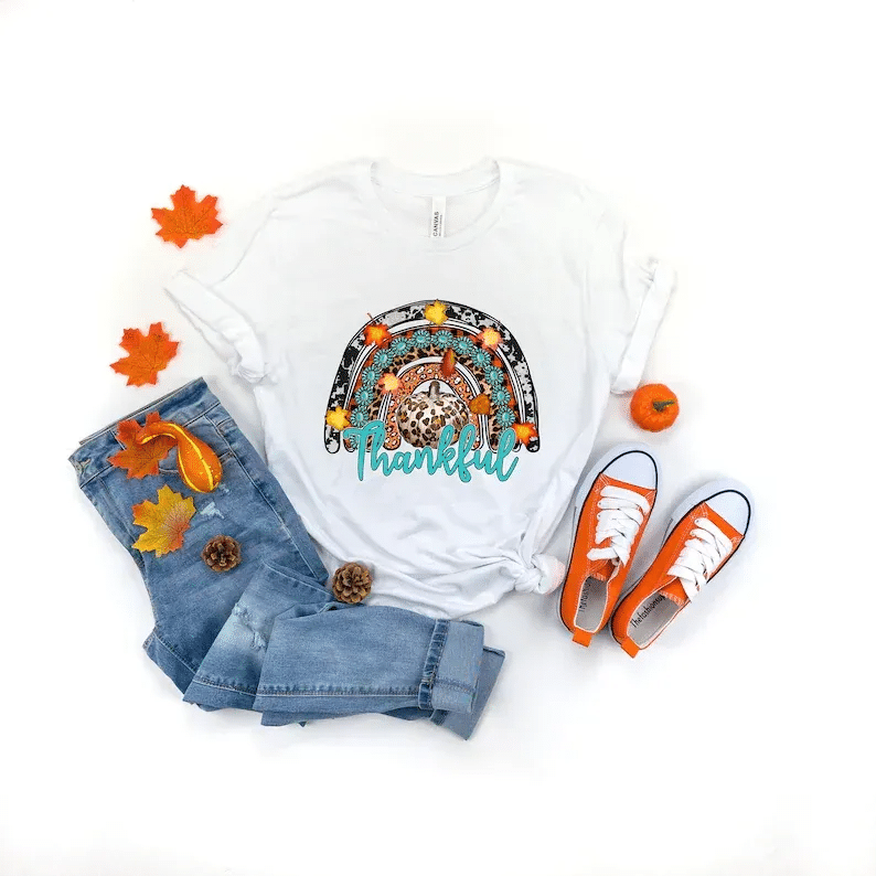 Thankful Rainbow Pumpkin Shirt,Thanksgiving Vacation Shirt,Family Thanksgiving Shirt