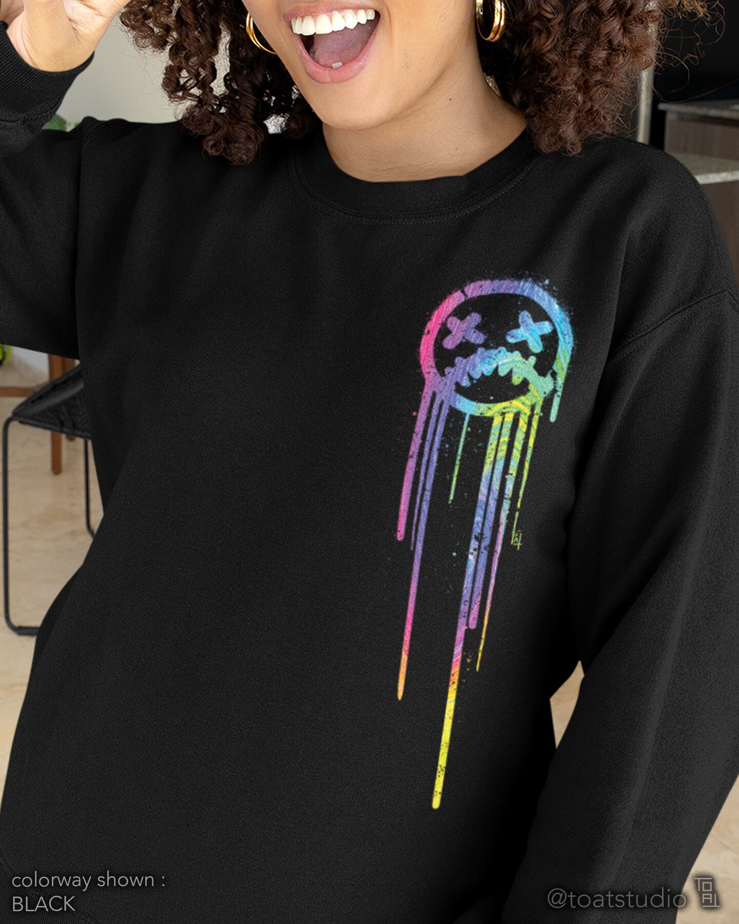 Graffiti Sad Face Unisex Crewneck Sweatshirt, Harajuku Spray Paint Art, Graffiti Drip Kawaii Sad Face, Dead Inside, Frowning Face Sweatshirt