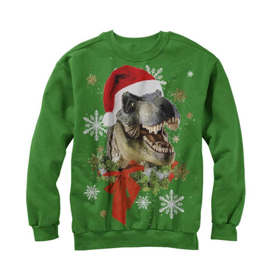 Lost Gods Men’s Ugly Christmas Festive T Rex Santa  Sweatshirt Kelly Green