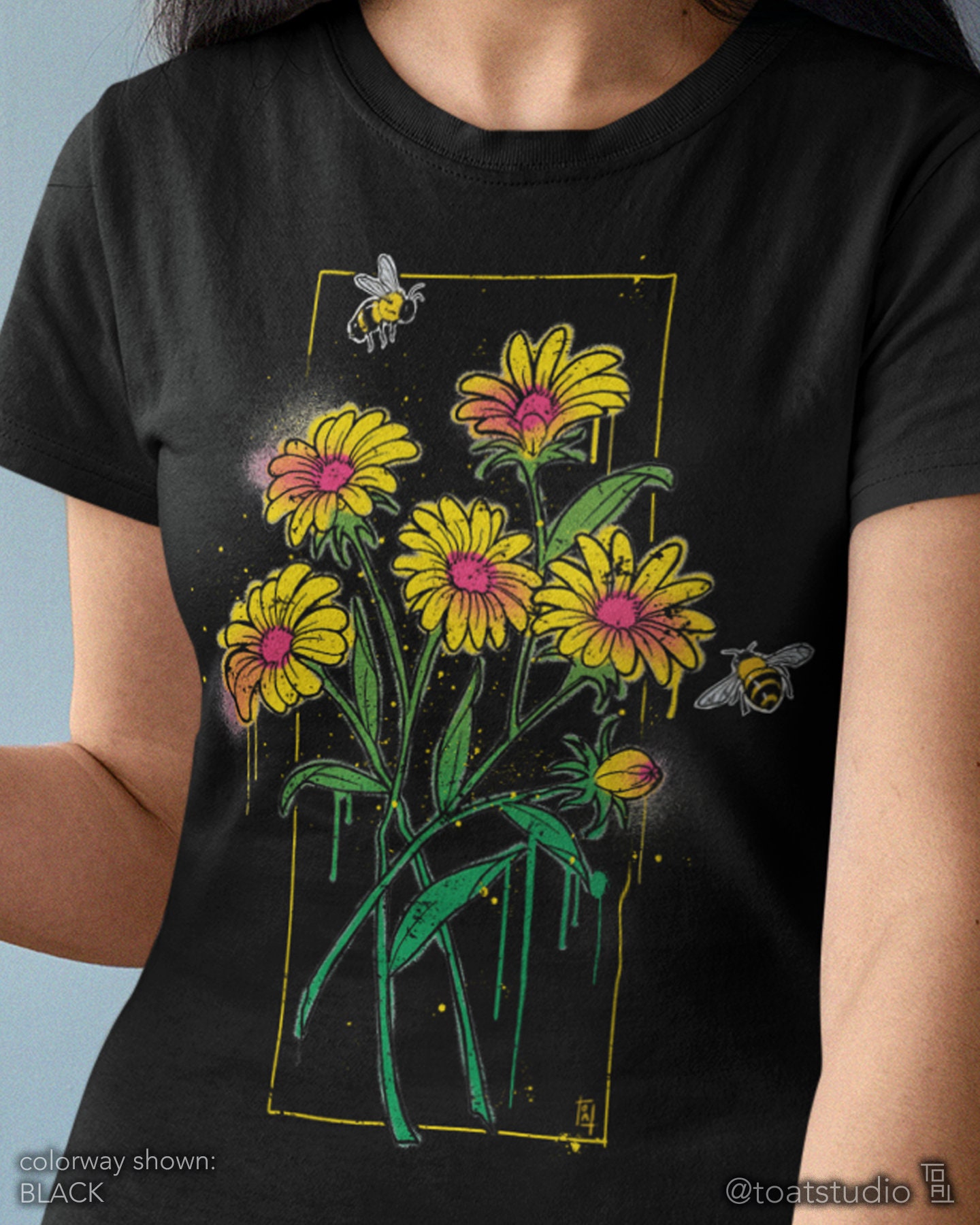 Dripping Daisies Unisex T-shirt, Daisy Flower shirt, Bumble Bees, Yellow Daisies, Floral tshirt, flower bouquet, dripping paint