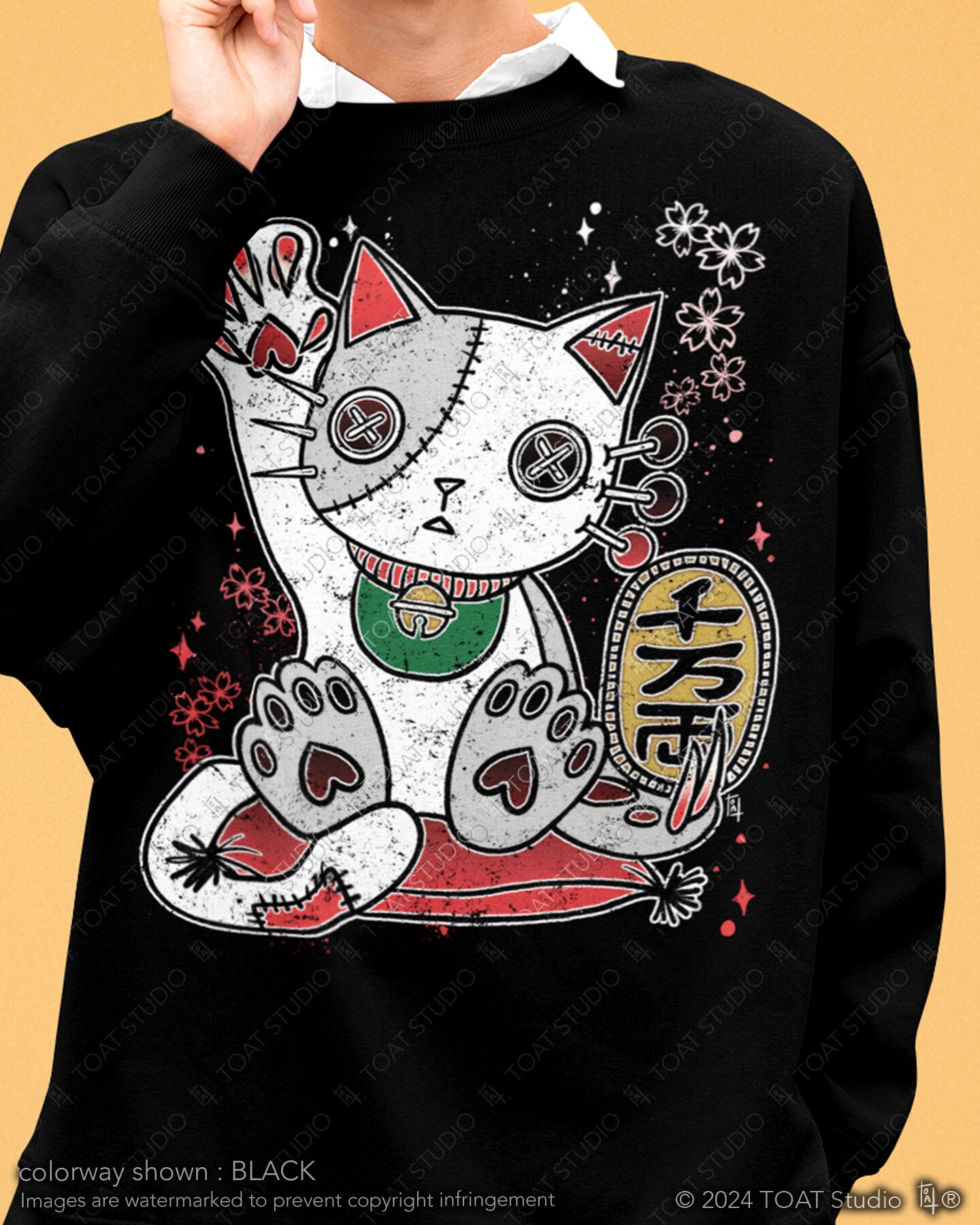 Maneki Neko Unisex Crewneck Sweatshirt, Japanese Lucky Cat, Beckoning Cat, Japan Gift Souvenir, Gothic Kitty, Koban Coin Money, Edo Asakusa