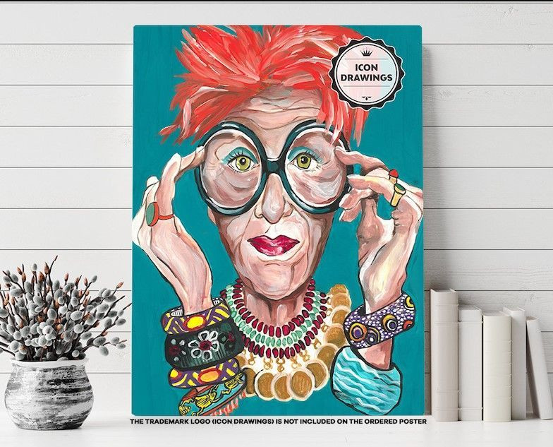 Iris Apfel Poster, Fashion Icon, Drawings Feminist Icon Portrait, Minimalist Wall Art Decor