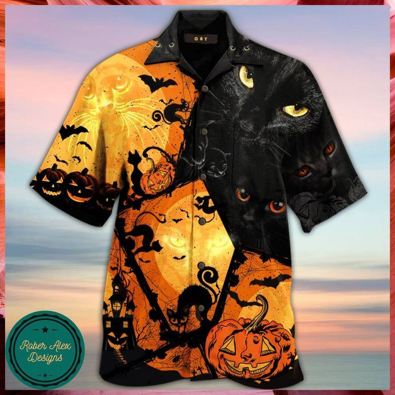 Higozy Black Cat Halloween Hawaii Shirt – Halloween Short-Sleeve Shirt