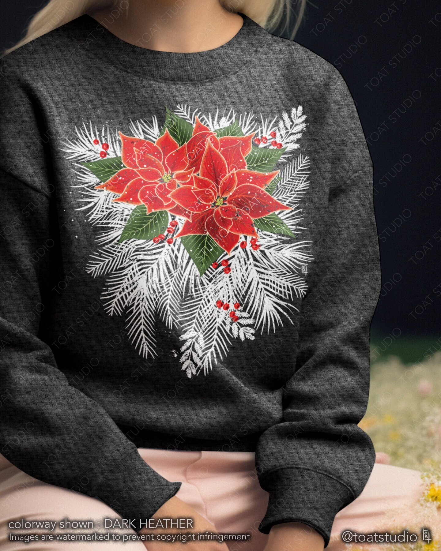 Poinsettia Unisex Crewneck Sweatshirt, Xmas Flowers, Mistletoe Poinsettia Wreath, Christmas Tree, Holiday Tee Shirt, Winter Flowers