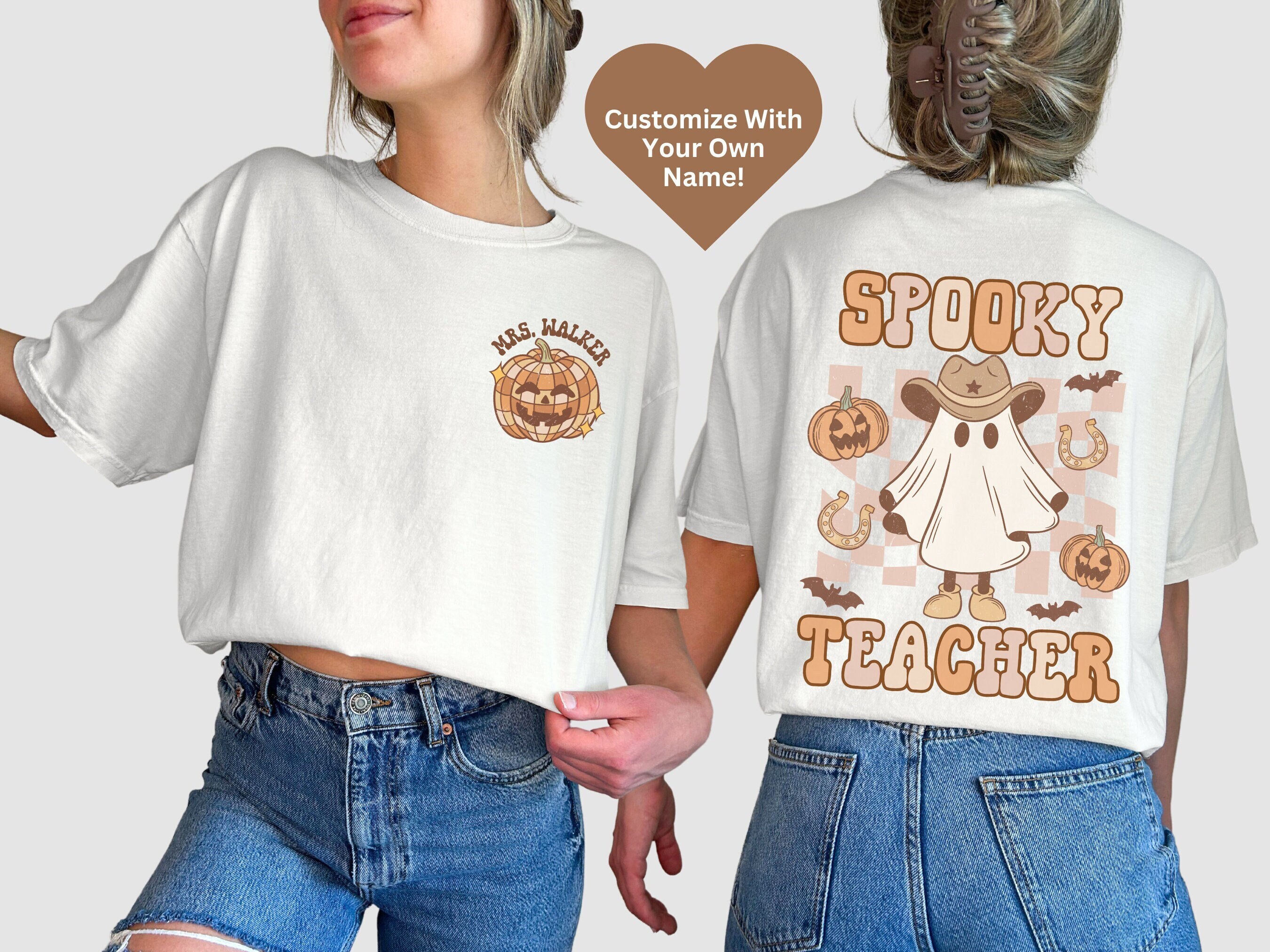 Personalized Spooky Teacher Shirt, Custom Halloween Teacher T-shirt, Western Teacher Halloween T Shirt, Cute Teacher Ghost Tee, Teacher Gift