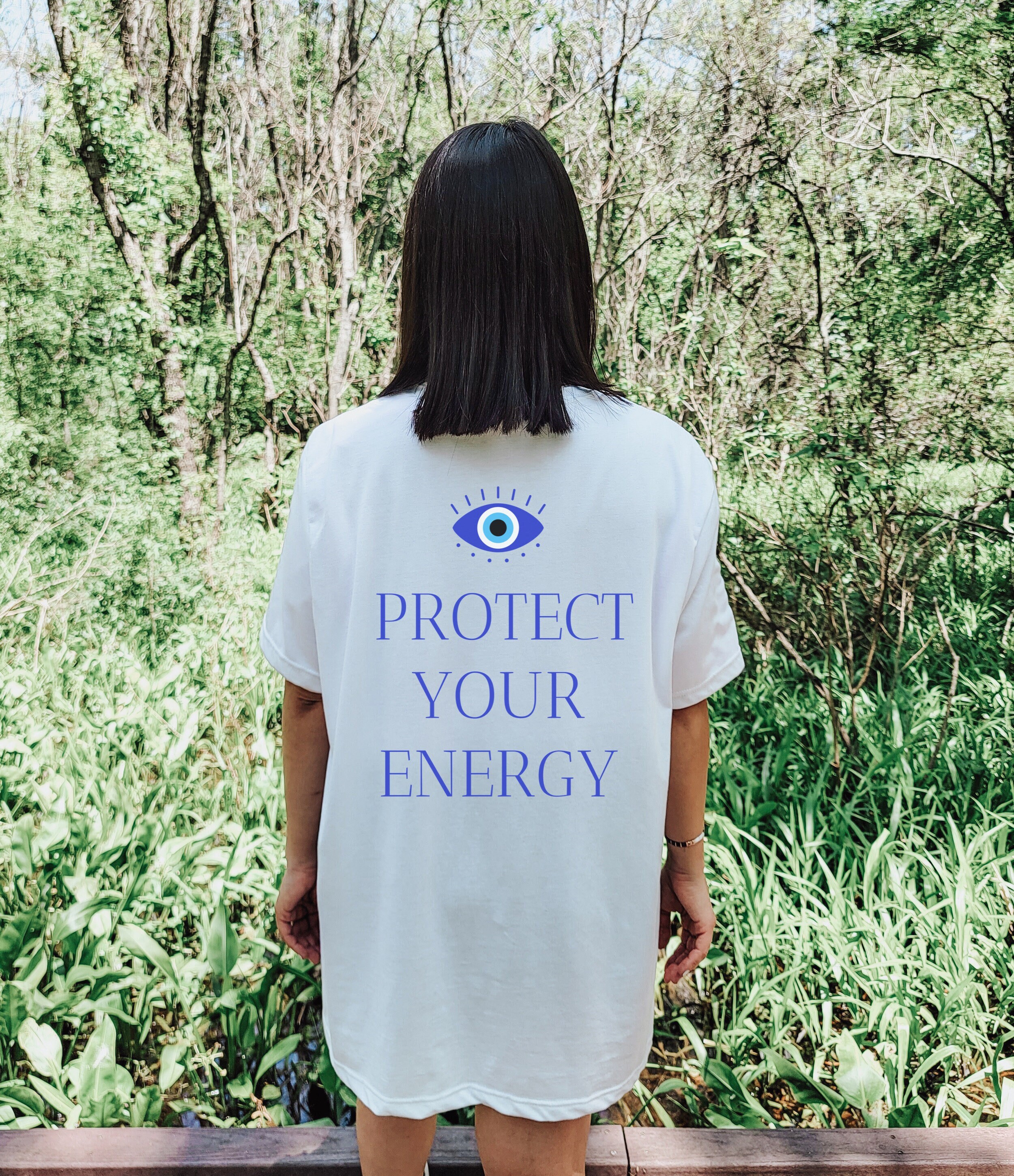 Protect Your Energy Evil Eye Oversized Shirt VSCO Shirt Beach Tee Trendy Tshirt Words on Back Witch Clothes Aesthetic Clothes Positive Shirt