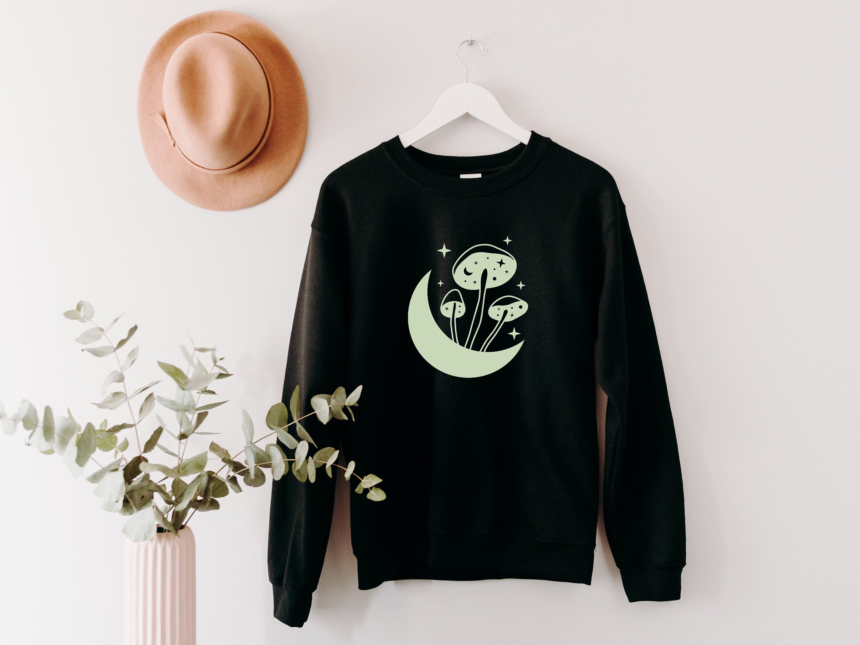 Mushrooms & Moon Sweatshirt, Mushroom Crewneck Celestial Crew Neck Sweatshirt Moon and Stars Sweatshirt Aesthetic Sweatshirts Indie Clothing