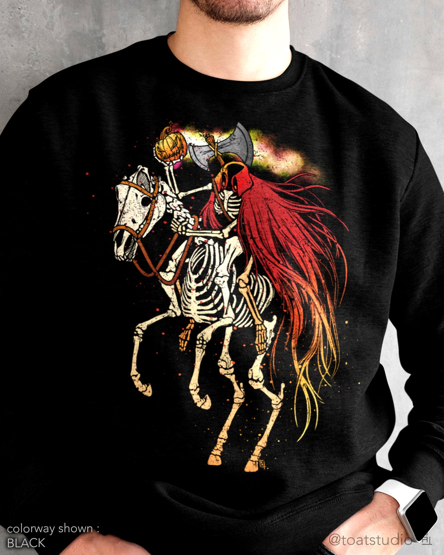 Headless Horseman Unisex Crewneck Sweatshirt, Halloween Scary, Pumpkin Head Killer, Mythical Dullahan Dark Man, Demonic Fairy, Sleepy Hollow