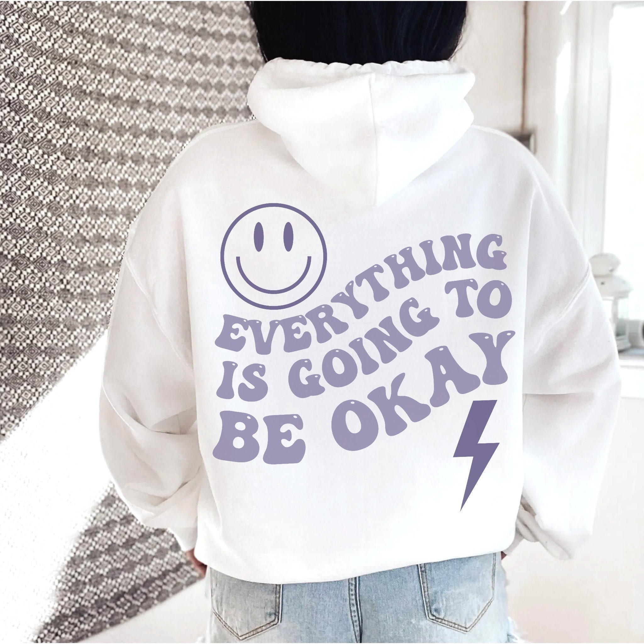 Everything is Going to Be Okay Positive Hoodie Smiley Lightning Bolt Trendy Hoodies Preppy Sweatshirt