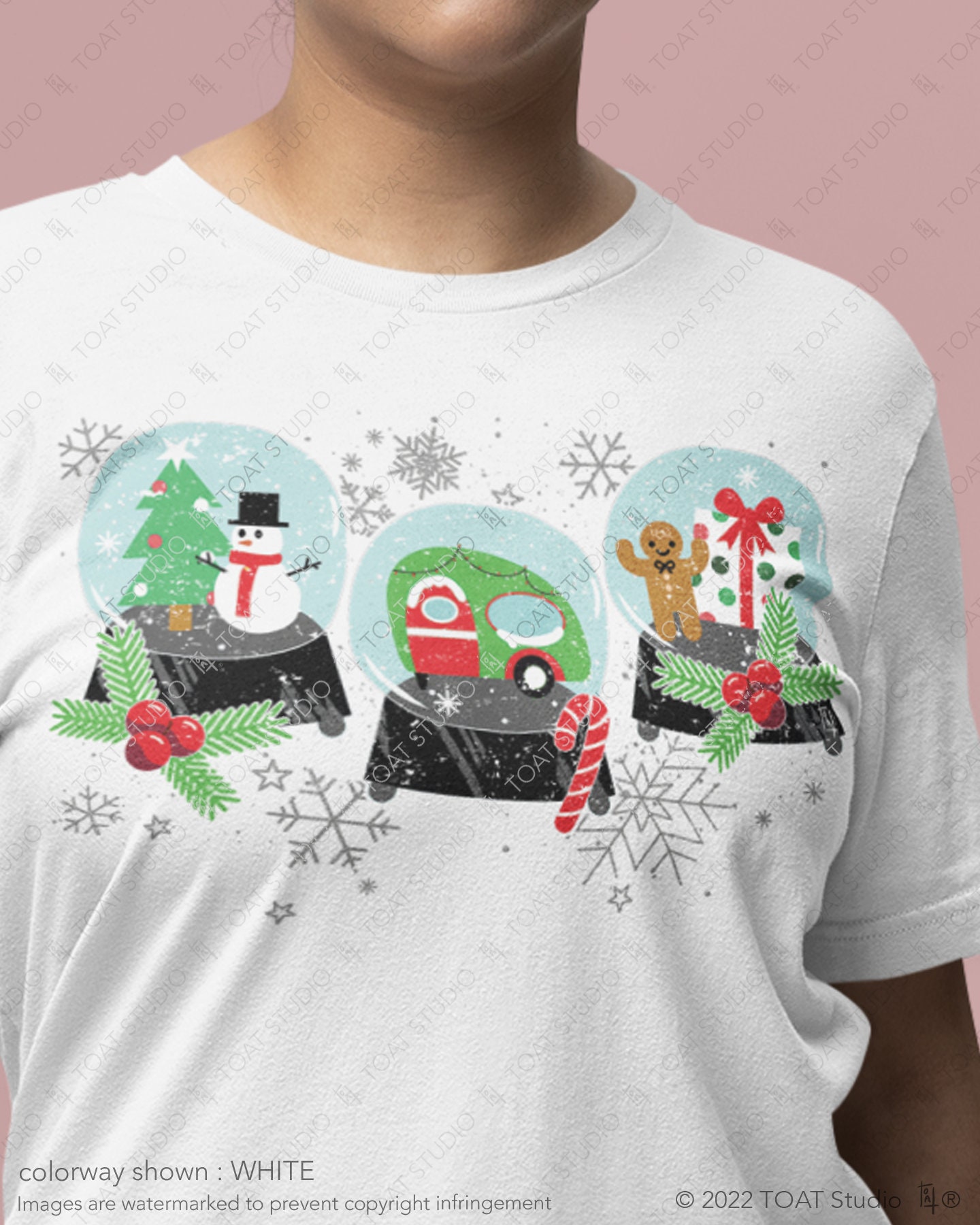 Snow Globe Ornaments Unisex T-shirt, vintage snowglobes, Christmas ornaments, Snowflakes, Airstream Camper, Snowy Christmas, Holiday Snowman