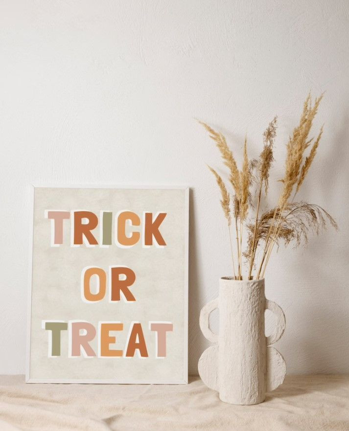 Trick Or Treat Halloween Print, Boho Halloween Print, Halloween Porch Poster, Pink Halloween Wall Art, Cute Halloween Decor