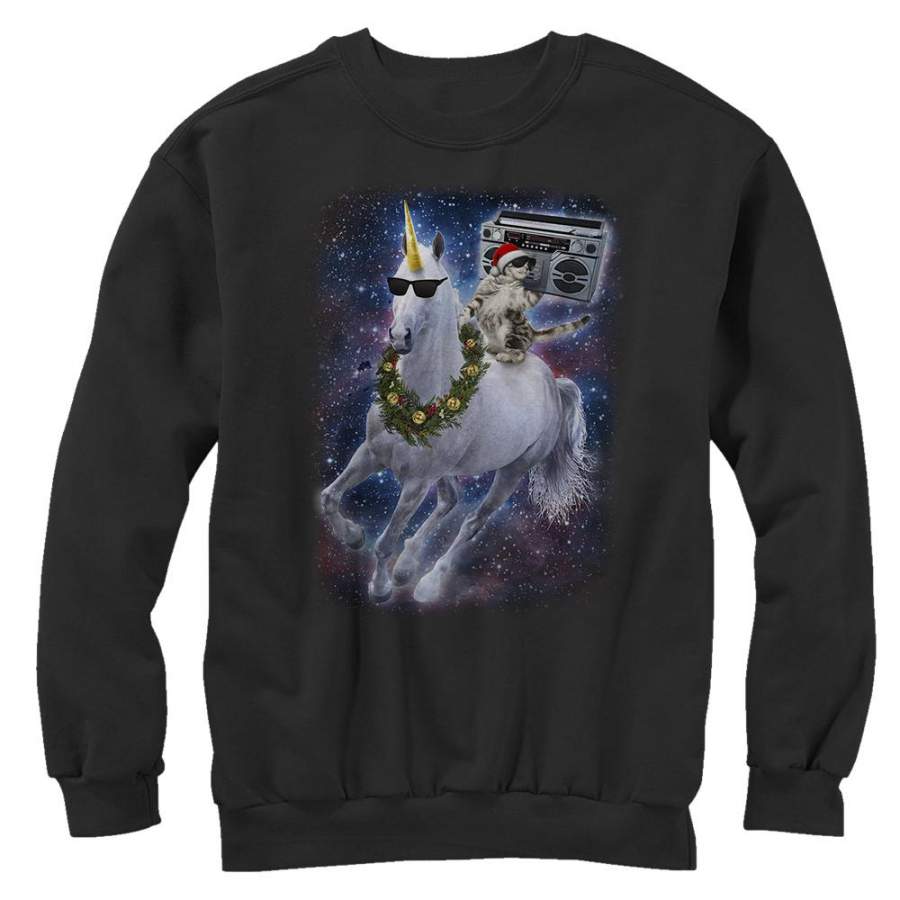 Lost Gods Men’s Ugly Christmas Cat Unicorn Space Song  Sweatshirt Black