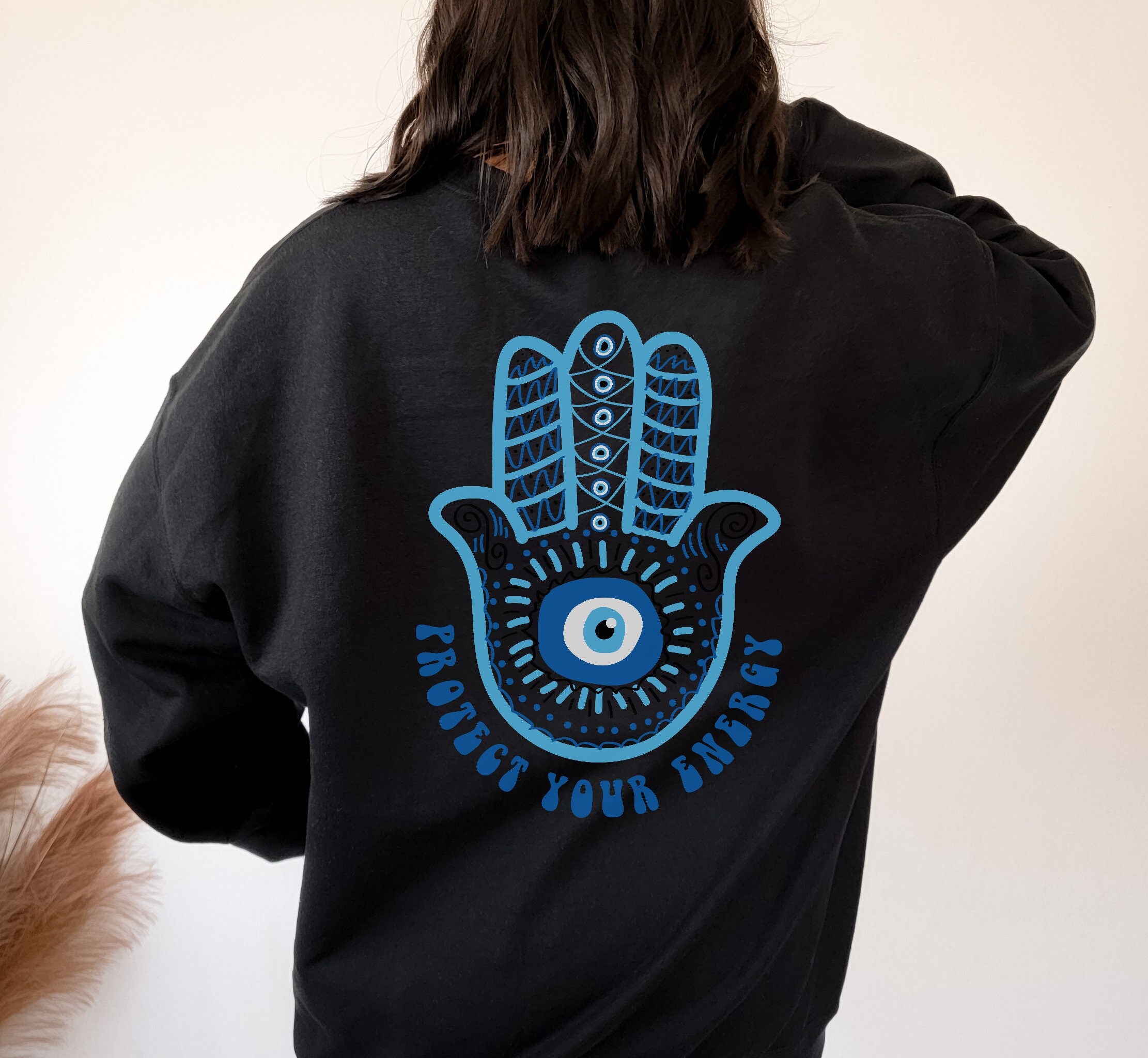 Protect Your Energy Hasma Hand Evil Eye Crewneck Sweatshirt Indie Aesthetic Clothes Witchy Clothes VSCO Hoodie Trendy Sweatshirt Hippie Gift