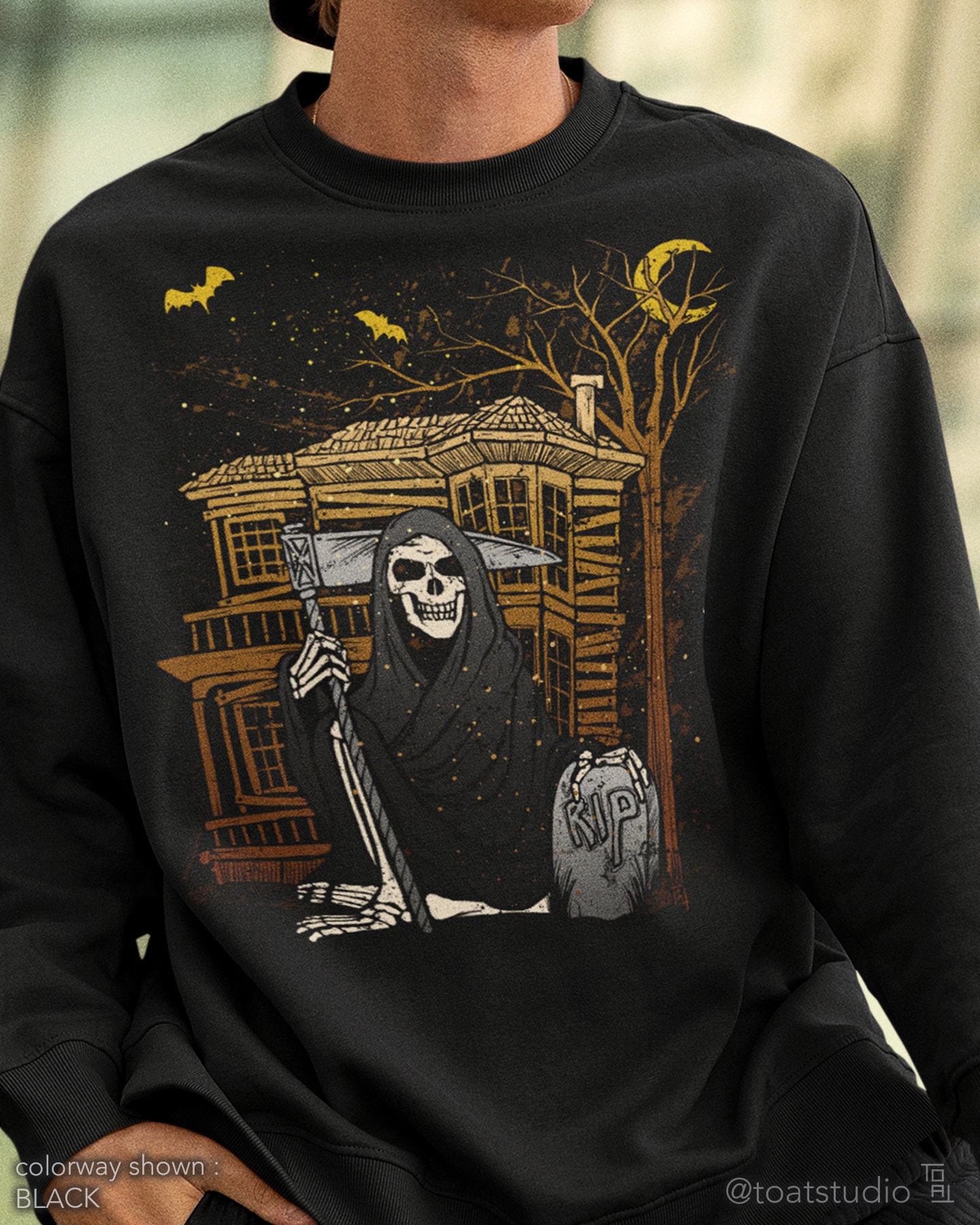 Grim’s Haunted House Unisex Crewneck Sweatshirt, Grim Reaper Skeleton, Haunted Halloween, Dark Spooky Season, Grunge Vintage Halloween