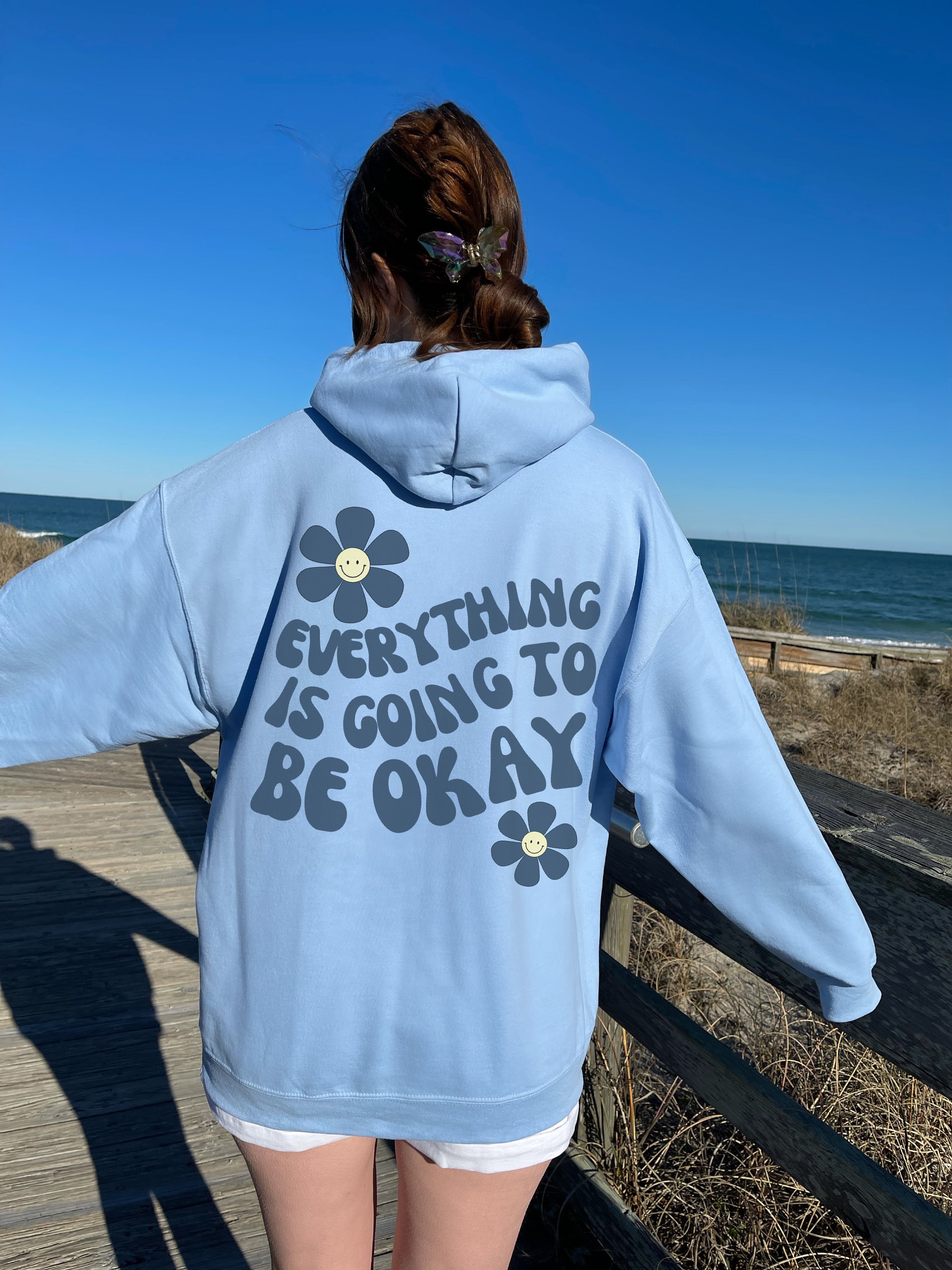 Everything is Going to Be Okay Hoodie with Words on Back Print Hoodie Trendy Hoodie Aesthetic Sweatshirt Smiley Face Hoodie Empowerment Gift