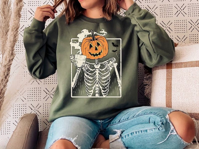 Skeleton Halloween Crewneck Pumpkin Sweatshirt