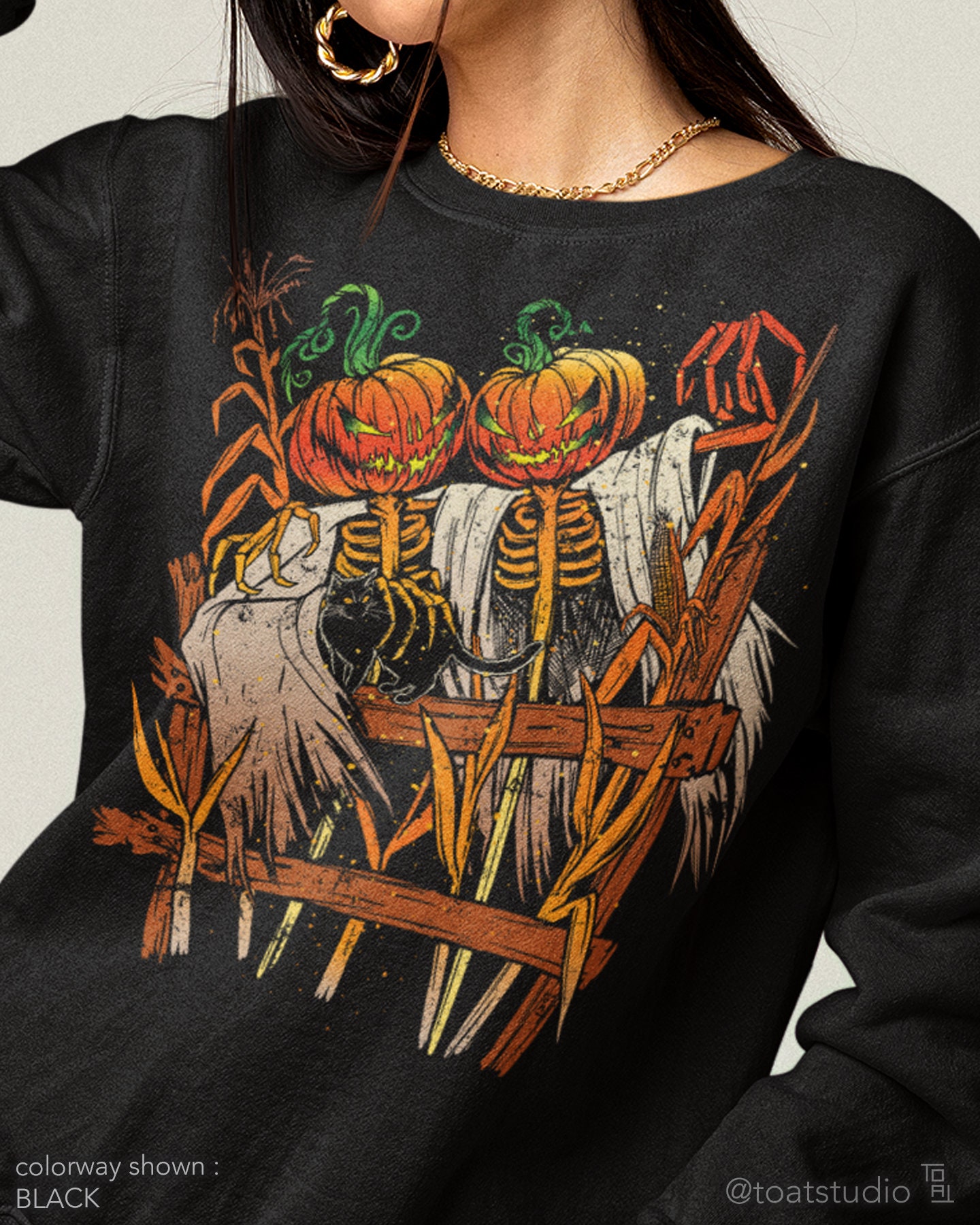 Halloween Scarecrow Unisex Crewneck Sweatshirt, Pumpkin Skeleton, Halloween Black Cat, Scary Jack-o-Lanterns, Haunted Halloween, Corn Mazes