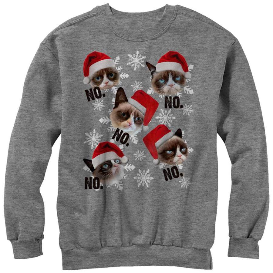 Grumpy Cat Men’s Ugly Christmas Snowflake No  Sweatshirt Athletic Heather