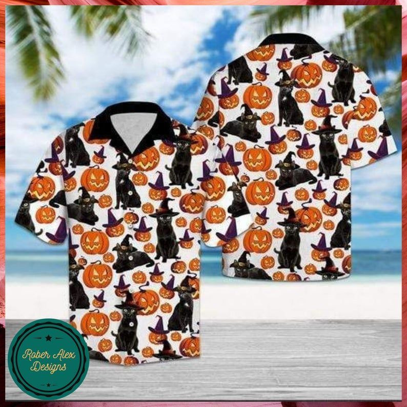 Black Cat Halloween Hawaii Shirt – Halloween Short-Sleeve Shirt – Hawaii Shirt