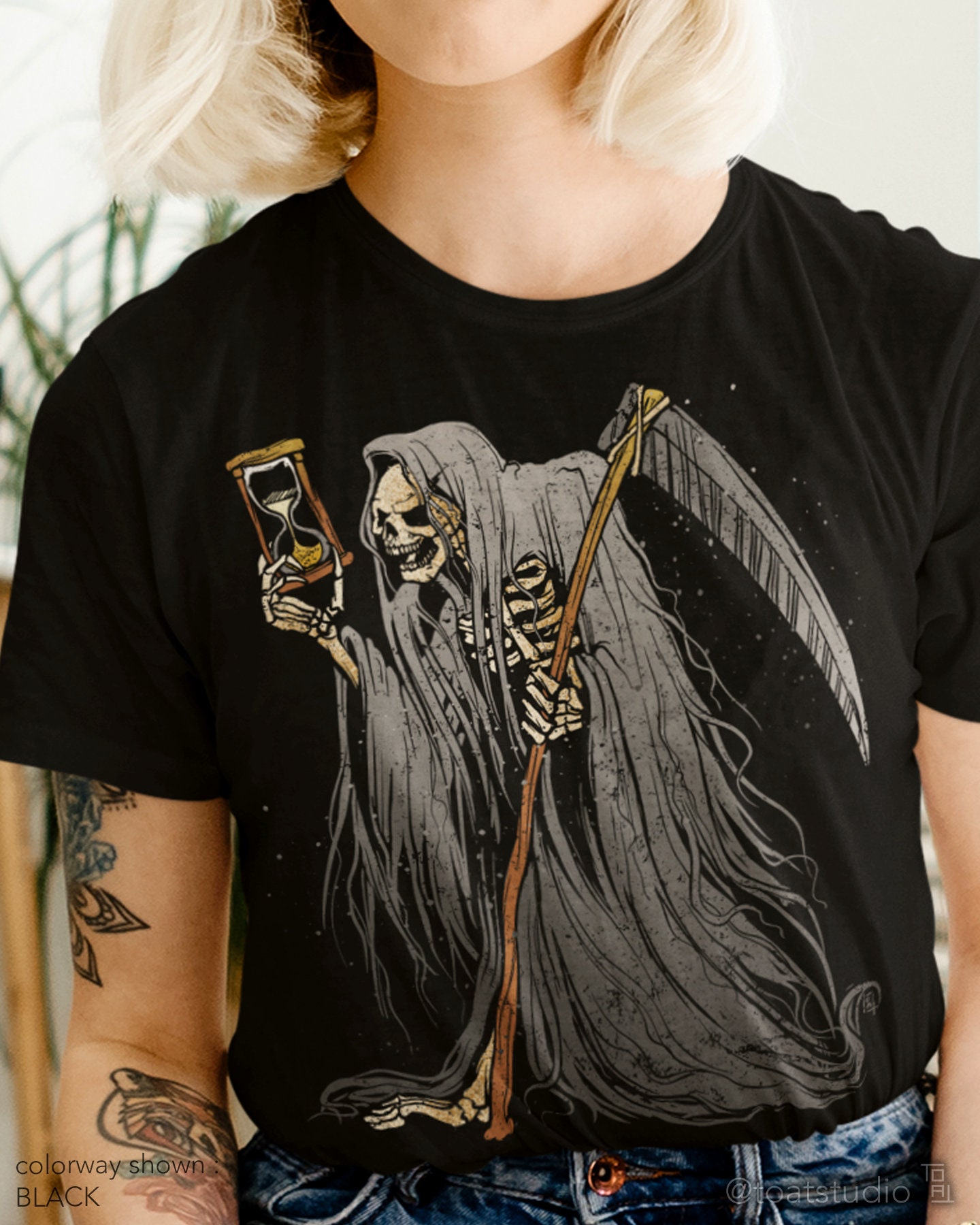 Grim Reaper’s Hourglass Unisex T-shirt, Lord of Death Shirt, Halloween Horror, Spooky Season, Grunge Apparel, Soul Reaper, Day of the Dead