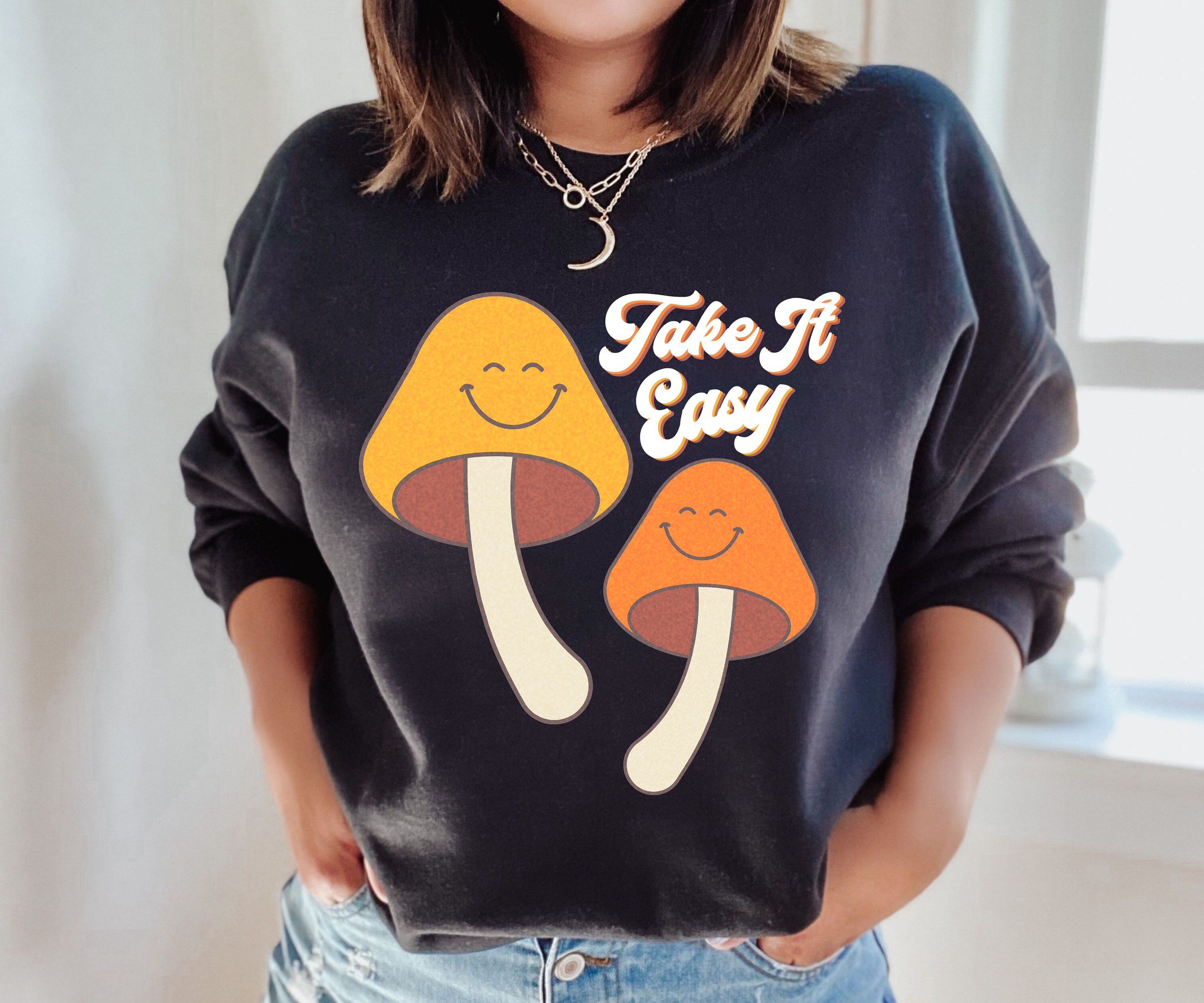 Retro Mushroom Sweatshirt, Women’s Retro Crewneck, Take It Easy Retro Pullover, Black Retro Sweatshirt, Indie Clothing, Hippie Apparel