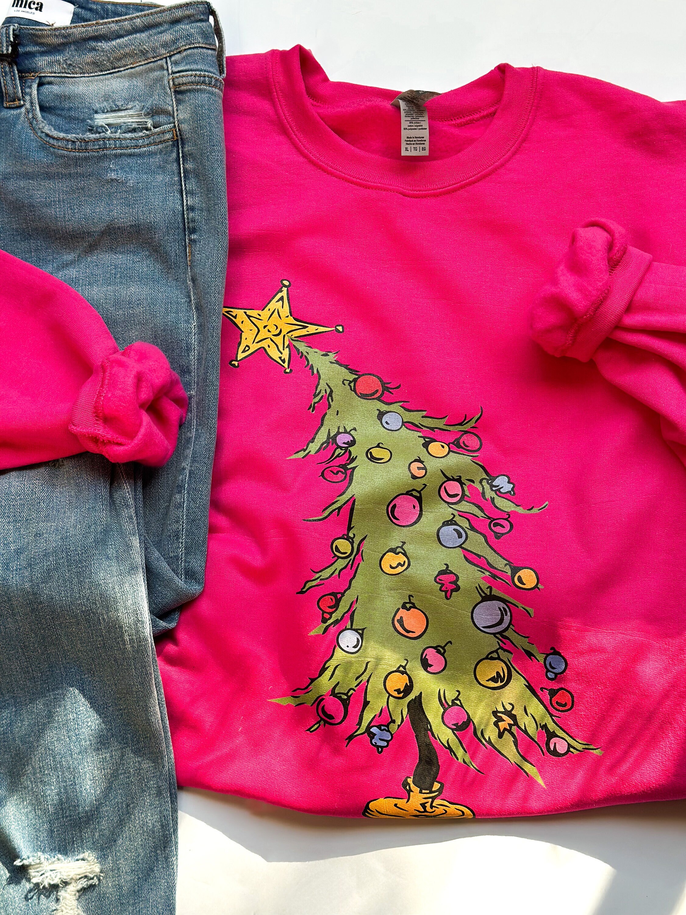 Holiday Cheer, Leaning Christmas Tree, Grinch Gildan Sweatshirt