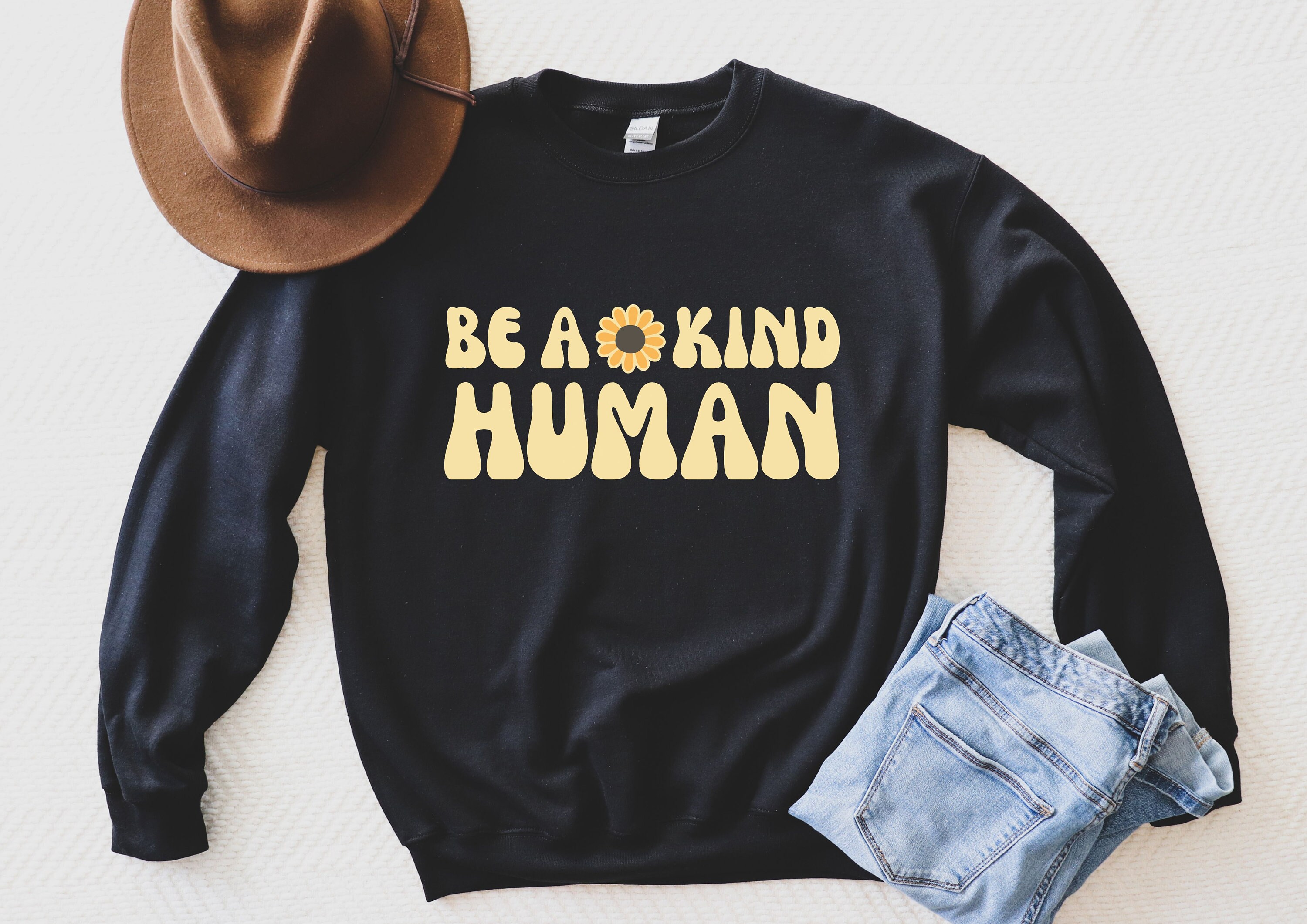 Retro Be a Kind Human Crewneck Sweatshirt Aesthetic Sweatshirts Trendy Crewneck Retro Be Kind Sweatshirts Positive Clothing Sunflower Shirts