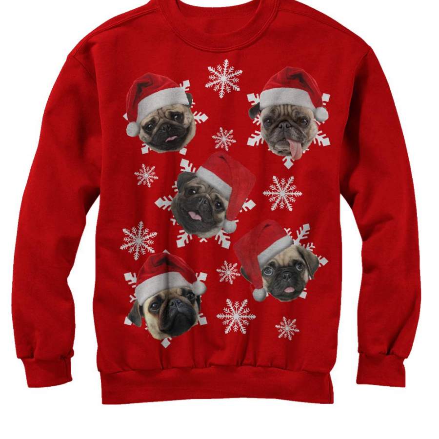 Lost Gods Women’s Ugly Christmas Pug Snowflakes  Sweatshirt Red