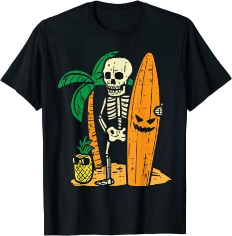 Hawaii Surfer Skeleton Cool Chill Halloween Beach Men Boys T-Shirt