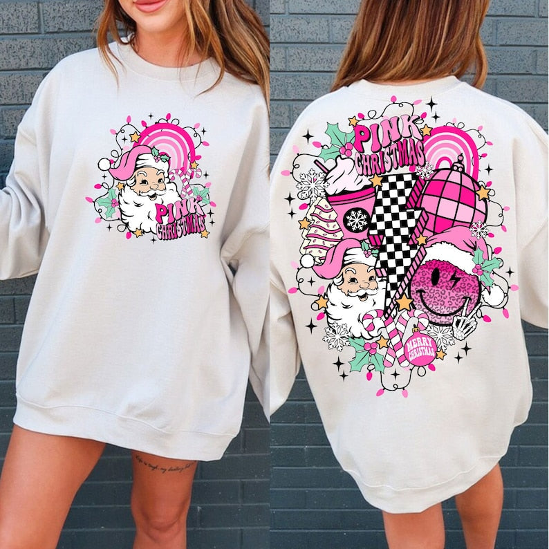 Retro Pink Christmas Print Trendy Sweatshirt