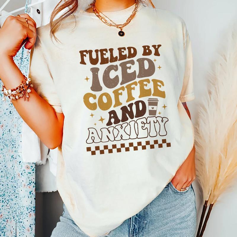 Fueled By Iced Coffee And Society Shirt, Mom Iced Coffee T-shirt, Mama Anxiety Graphic Printed Tee, Overstimulated Mom Soft Fabric Short Sleeve Tee Shirt, Mother’s Day Gifts