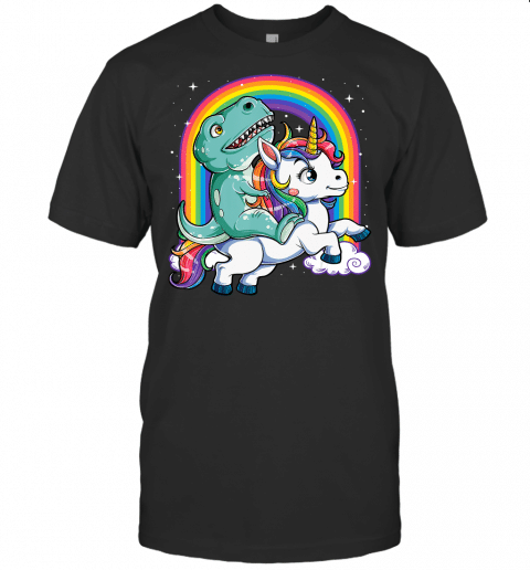 Dinosaur Riding Unicorn T Shirt Kids Men Rainbow Gifts T Rex