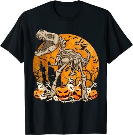 Dinosaur T Rex Skeleton Pumpkin With Moon Halloween Costume T-Shirt