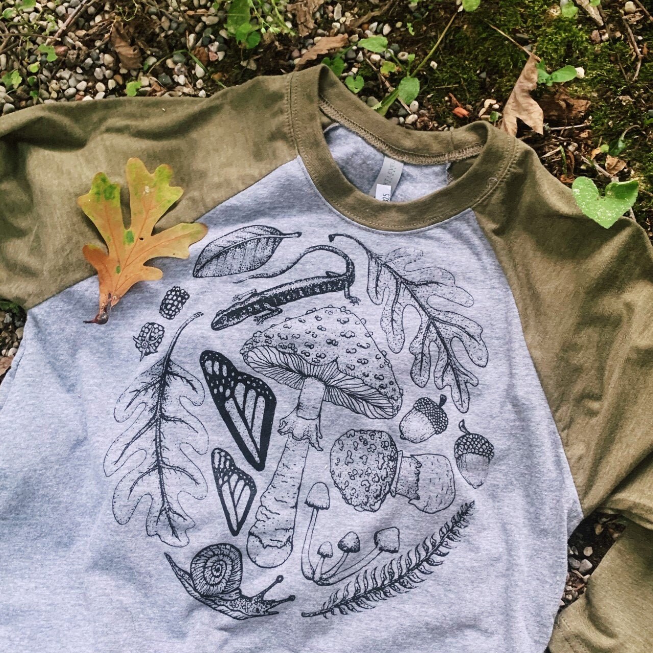 Forest Floor Unisex  Baseball Tee mushrooms salamander oak leaves