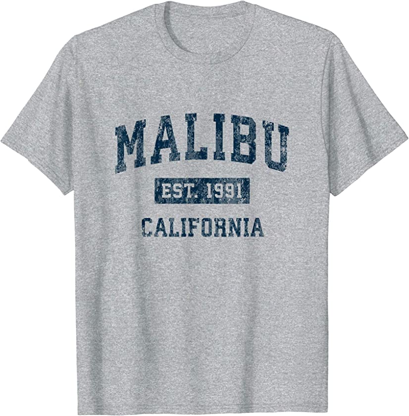 Malibu California CA Vintage Sports Design Navy Print T-Shirt