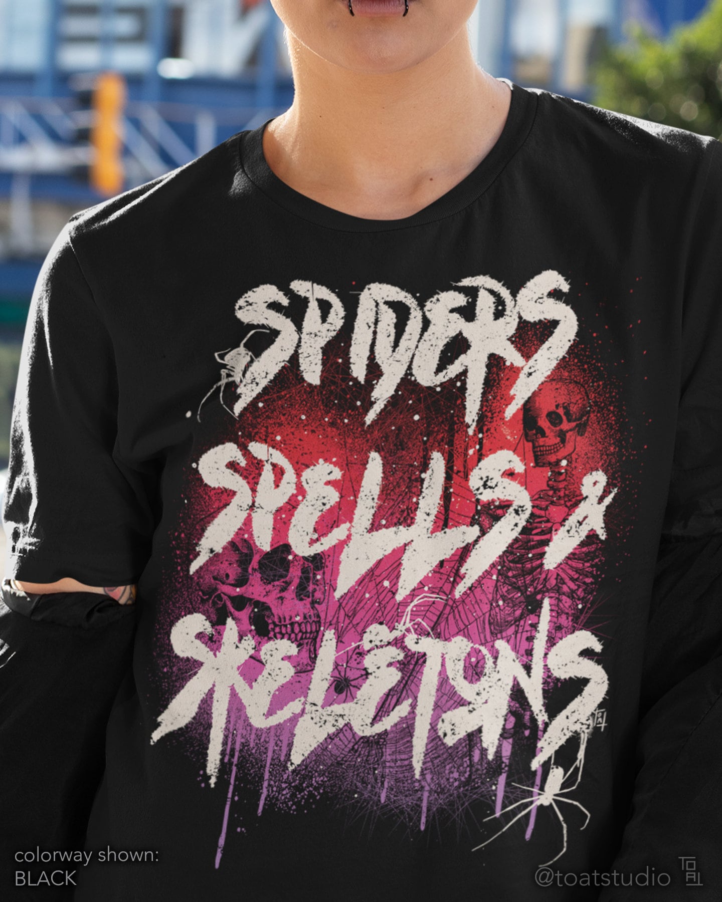 Spiders Spells & Skeletons Unisex T-shirt, Graffiti Grunge, Spooky Halloween Tee, Skeleton Skull Art, Arachnid Spider Web, Witchcraft Spells