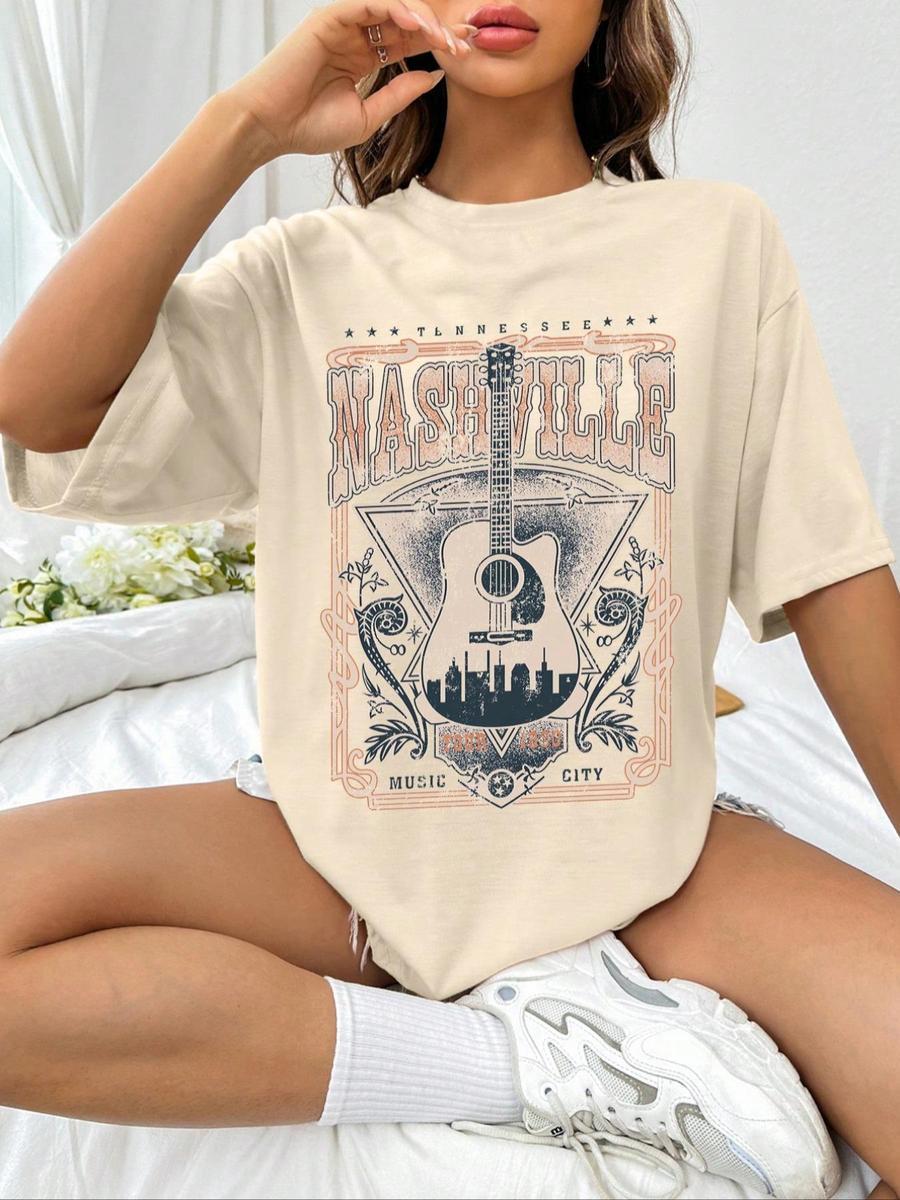 Summer Clothes Women’s Graphic Letter Print Drop Shoulder Tee, Casual Half Sleeve Round Neck T-Shirt for Summer, Nashville Music City Women’s Top for Daily Wear, Unisex Shirt